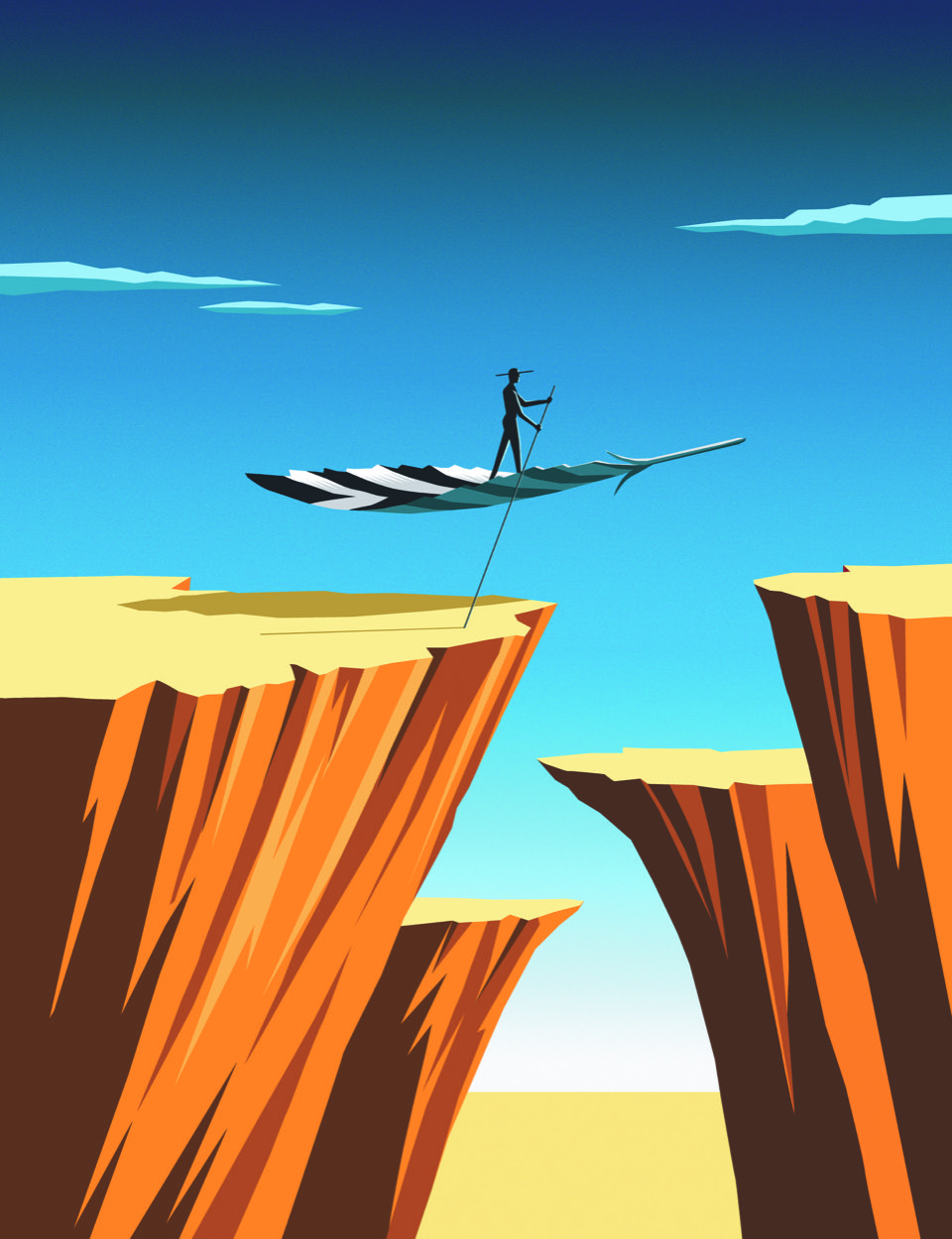 Illustration: a figure crossing a canyon on a quill