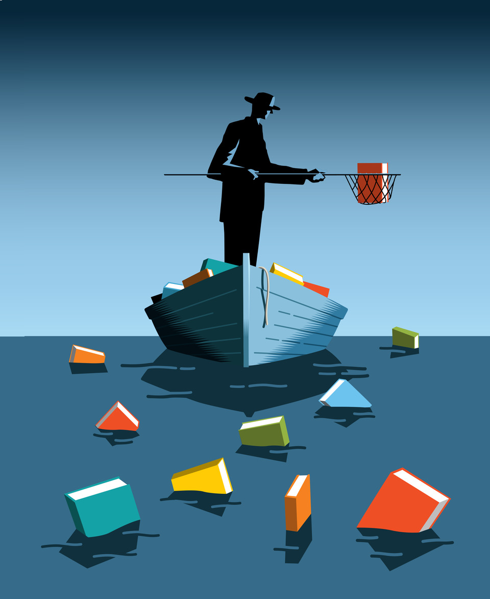 Illustration: a figure in a boat gathering books from the water